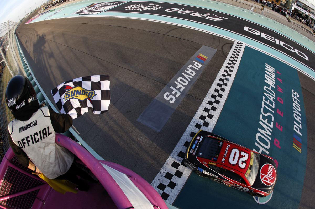 Christopher Bell takes the checkered flag to win Sunday's 4EVER 400 Presented by Mobil 1 at Homestead-Miami Speedway. (Photo by Sean Gardner/Getty Images)